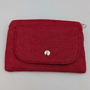 Red Denim Coin Purse Pouch Zippered Wallet Front Snap Pocket Small Travel Bag